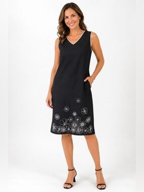 BMOSS 10 Black Linen Blend Embroidered Floral Shift Dress Sleeveless Officewear